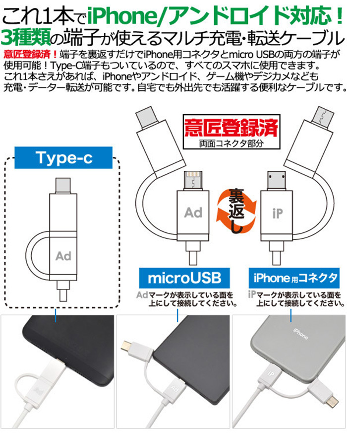 マルチ充電ケーブル 約100cm データ転送USBケーブル アンドロイド 