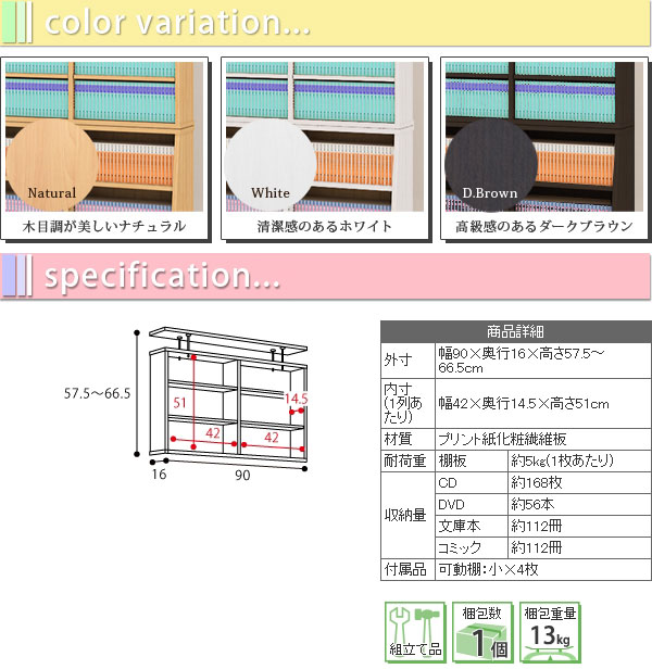 上置き棚 幅90cm 奥行16cm ／ 濃い茶 （ ダークブラウン ） 本棚用