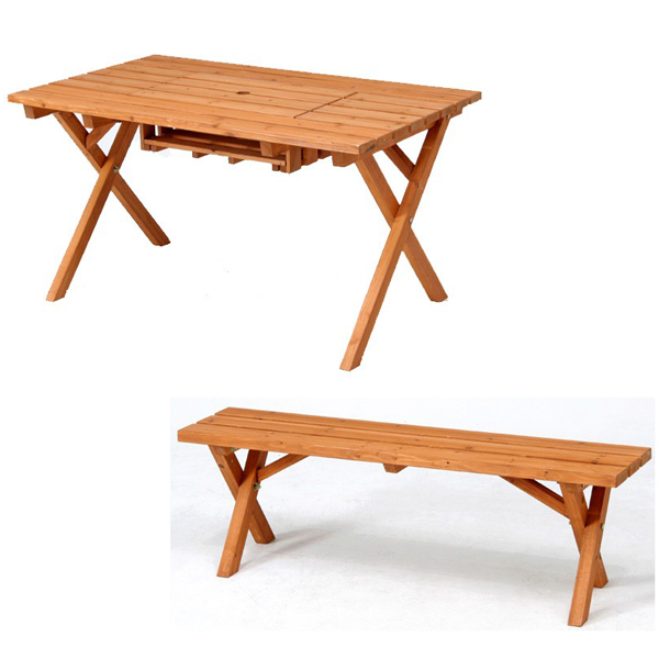 天然木 ガーデンテーブル ベンチ 2脚 セット ガーデンファニチャー Bbq